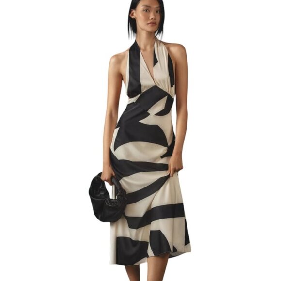 Anthropologie Bardot Citron Halter Midi Dress V-Neck A-Line Open Back Size 12 - Picture 1 of 9